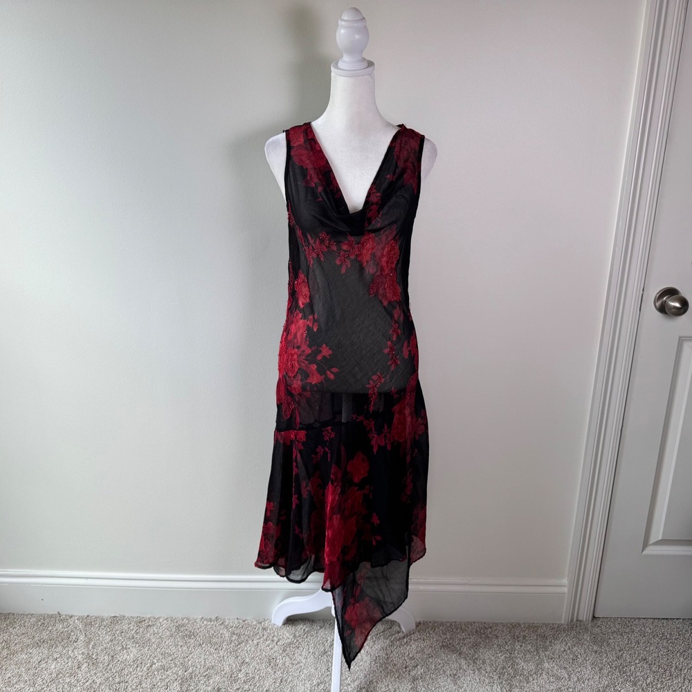 Connected Apparel Floral Beaded Sheer Mesh Asymmetrical Dress Fairy Goth Vamp XL
